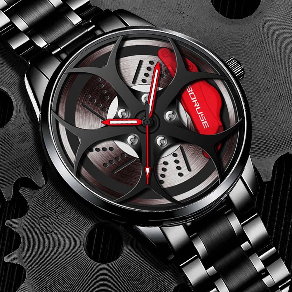 2PCS Set Men's Fashion Car Wheel Watches Luxury Men Sports Waterproof Quartz Wristwatch Bracelet Stainless Steel Wheel Hub Watch