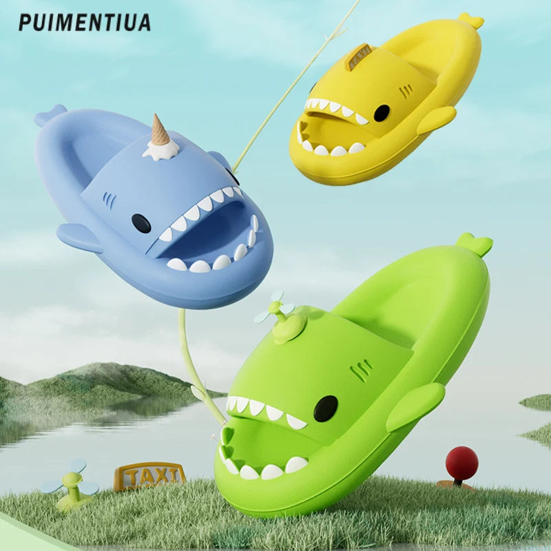 Women Men Thick Sole Lovely Shark Slippers With Charms Indoor Outdoor Shark Slides Beach Flip Flops Home Cool Shoes 2023 Summer