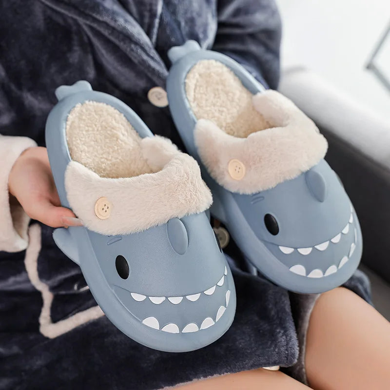 Winter Home Shark Slippers Woman Man Indoor Velvet Shoes Kids Cartoon Warm Plush Cotton Anti-slip Bedroom Stuffed Flip Flops