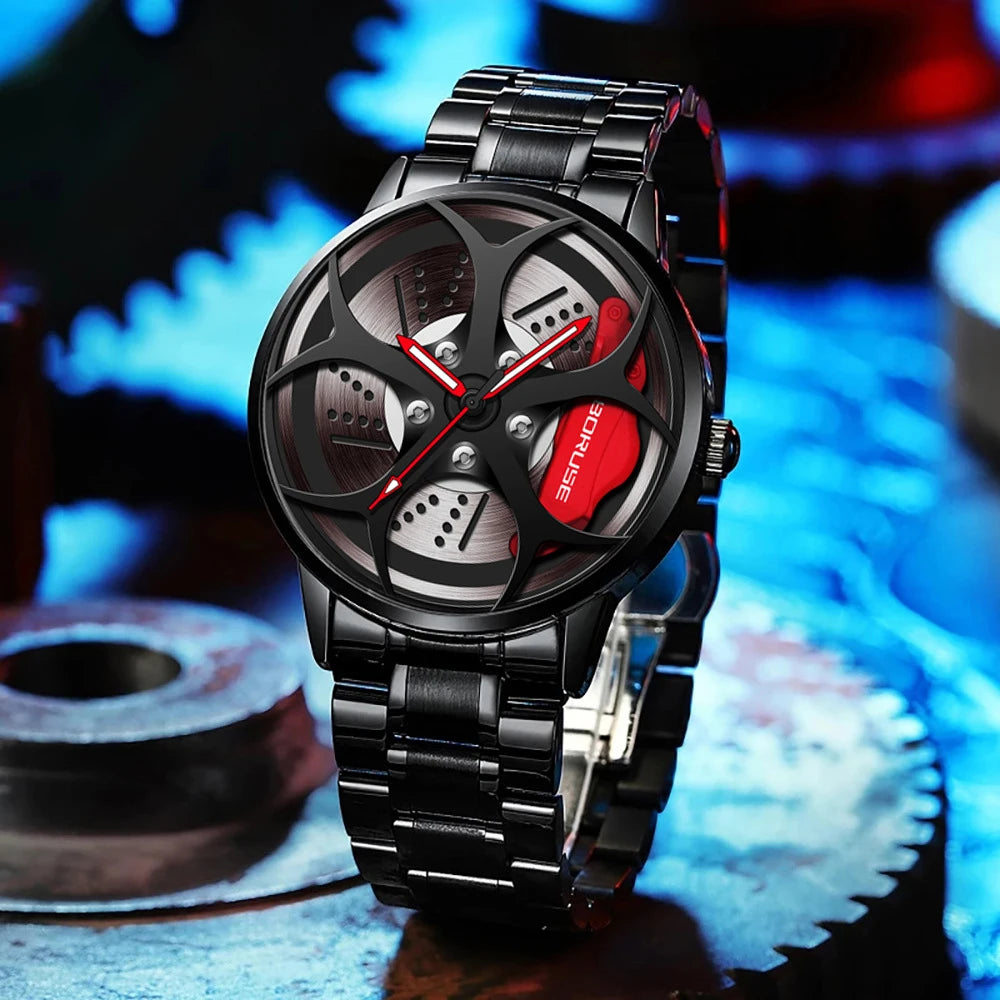 2PCS Set Men's Fashion Car Wheel Watches Luxury Men Sports Waterproof Quartz Wristwatch Bracelet Stainless Steel Wheel Hub Watch