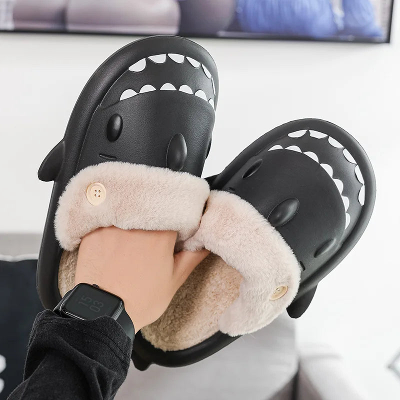 Winter Home Shark Slippers Woman Man Indoor Velvet Shoes Kids Cartoon Warm Plush Cotton Anti-slip Bedroom Stuffed Flip Flops