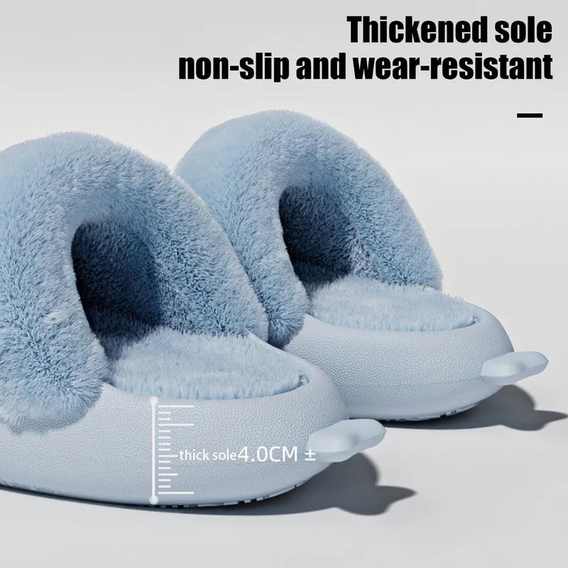 Winter Plush Shark Slippers Warm Velvet Cotton Slides Adults Gradient Non-Slip Thick Sole Shoes Couple Cute Waterproof Shoes
